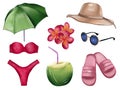 Set of stickers with tropical red plumeria flower, beach umbrella, sunglasses, hat, swimsuit, slippers and coconut on Royalty Free Stock Photo