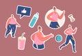 Set of Stickers Woman Weight Loss, Transformation Stages Obese Girl Turning into Healthy Body, Sport Training