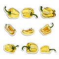 Set of stickers of yellow hand drawn sweet peppers. Ink and colored sketch on white background. Whole and sliced elements. Royalty Free Stock Photo