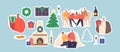 Set of Stickers Young Loving Couple Celebrate Christmas, Sitting at Table, Drinking Tea, Chatting, Watch Movie on Laptop