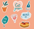 Set of stickers with zero waste concepts. Slogans with cartoon illustrations. Eco friendly tools, zero waste concept, Royalty Free Stock Photo