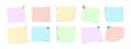 Set of sticky notes with push pins and paper clips. Realistic 3D vector collection of memo papers with curled corners isolated. Royalty Free Stock Photo