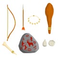 Set of stone age man. Caveman weapons for hunting and life. Prehistoric set of a wild tribe