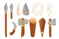 Set of stone age tools, weapon detailed in cartoon style. Sharpen rock as knife, hammer, axe from stone and wood, club, spear and Royalty Free Stock Photo