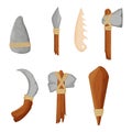 Set of stone age tools, weapon detailed in cartoon style. Sharpen rock as knife, hammer, axe from stone and wood, club, spear and Royalty Free Stock Photo