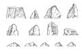 Set of stone rocks. Piece of cliff. In style of contour engraving. Outline sketch. Hand drawing is isolated on white