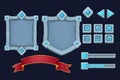 Set stone shield, frame with gemstones, award ribbon game victory board menu and setting icons in cartoon style isolated