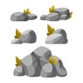 Set of stones, boulders with plants, vector illustration in cartoon style, elements of nature, landscape