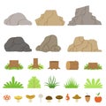 Set of stones of different shapes, forest stumps, logs, bushes, grasses, and mushrooms. Vector illustration