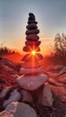 A set of stones with sun coming into view at sunse, Generative AI Royalty Free Stock Photo