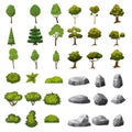 A set of stones, trees and bushes of landscape elements for the design of the garden, park, games and applications