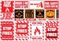 Set of stop fire symbols (be aware, be ready, be prepare, save lives, fire safety, prevent fire, campaign)