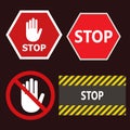 Set stop red sign icon with white hand, do not enter. Warning stop sign - stock vector