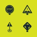 Set Stop sign, Roundabout traffic, Exclamation mark in triangle and Uneven road ahead icon. Vector Royalty Free Stock Photo