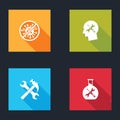 Set Stop virus, bacteria, Human head service, Crossed hammer and wrench and Bioengineering icon. Vector