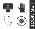 Set Stop virus, DNA spiral and computer, Stethoscope and Medical rubber gloves icon. Vector Royalty Free Stock Photo
