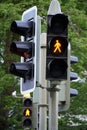 A set of stoplight or traffic lights with an orange light on in a a residential district in Switzerland