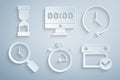 Set Stopwatch, Clock, Magnifying glass with clock, Calendar check mark, on monitor and Old hourglass icon. Vector