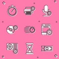 Set Stopwatch, Printer setting, Microphone, CD or DVD disk, and Oven icon. Vector