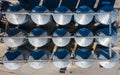 Set of storage tanks raw material agricultural crops feed mills. Aerial vew from drone Royalty Free Stock Photo