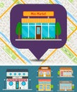 Set of stores and shops on city map. Royalty Free Stock Photo