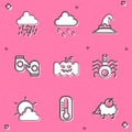 Set Storm, Cloud with rain, Witch hat, Christmas mitten, Pumpkin, Spider, Sun and cloud weather and Thermometer icon Royalty Free Stock Photo