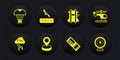 Set Storm, Helicopter, Location, Airline ticket, Parachute, Plane landing, Clock and Box flying parachute icon. Vector