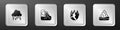 Set Storm, Wastewater, Global warming fire and Iceberg icon. Silver square button. Vector