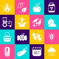 Set Storm, Wheat, Sun and cloud weather, Apple, Scarecrow, Tractor, Spider and Candy icon. Vector