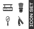 Set Straight razor, Barbershop, Hand mirror and Shaving brush icon. Vector