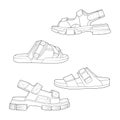 4 set strap sandals outline drawing vector, strap sandals in a sketch style, trainers template outline, vector Illustration