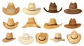 Set of straw hats with brims. Country, farm, beach, cowboy, Mexican, Asian styles. Sun panama, sombrero. Modern Royalty Free Stock Photo