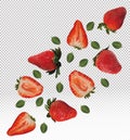 Set of strawberries with leaves on transparent background. Strawberry fruits are whole and cut in half. Useful ripe