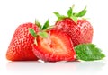Set strawberry berry with cut and green leaf