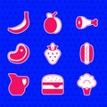 Set Strawberry, Burger, Broccoli, Hotdog, Jug glass with milk, Steak meat, Chicken leg and Banana icon. Vector