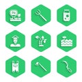 Set Strawberry bush, Garden hoe, Sickle, bed, worker clothes, Scarecrow, Jam jar and Soil ph testing icon. Vector Royalty Free Stock Photo