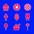 Set Strawberry in chocolate, Ice cream bowl, Lollipop, Cotton candy, Homemade pie and Cake icon. Vector