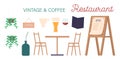 Set of Street Cafe Items. Coffee Cup, Beer, Wine, Menu and Plants. Wooden Table with Chairs, Open Signboard Isolated Royalty Free Stock Photo