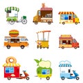 Set of street food car vehicles, buses, minivans, trucks, kiosks, pizza, BBQ, ice cream, vegan food, hot dog, baking