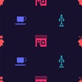 Set Street light, Coffee cup, shop and Grape fruit on seamless pattern. Vector