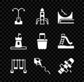 Set Street light, Rocket ship, Skate park, Double swing, Kite, Hopscotch, Sand tower and bucket icon. Vector