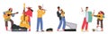 Set Street Musicians Perform Show. People Playing Guitar And Saxophone, Double Bass, Drum And Violin Vector Illustration Royalty Free Stock Photo