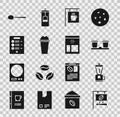 Set Street signboard coffee, Electric grinder, Coffee cup to go, Milkshake, menu, Spoon and Bag beans icon. Vector