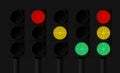 Set of street traffic lights with different light signals isolated on dark background Royalty Free Stock Photo