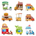 Set of street vehicles, buses, minivans, trucks, kiosks, pizza, BBQ, ice cream, vegan food, hot dog, baking, vector