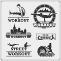 Set of Street Workout and fitness emblems and labels. Athletes illustrations and silhouettes.