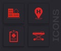 Set Stretcher, Hospital building, Location hospital and Patient record icon. Vector