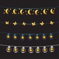 Set of String Lights Warm Lamps Garlands, The Moon and Lamp Festive Decorations Vector