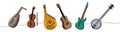 Set of string musical instruments. Lute, violin, bandura, acoustic guitar, electric bass guitar, american banjo Royalty Free Stock Photo