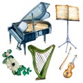 Set of string musical instruments and white flower watercolor illustration on white. Royalty Free Stock Photo